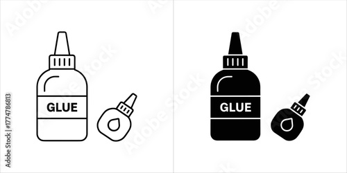 Two icons of glue bottle, one outline and one solid black, with a small cap
