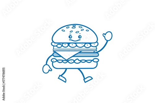 Illustrated burger character cheerfully waves hello with simplistic blue line art on white