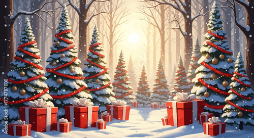 A serene winter forest scene with snow-covered Christmas trees adorned with red ribbon and ornaments, surrounded by festive red gift boxes.
