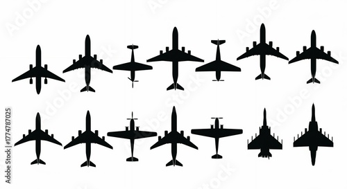 Set of airplane silhouette icons top view of different aircraft vector design elements for travel and transportation concepts
