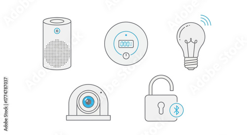 Smart home automation concept: Seamlessly connect your devices for effortless control and enhanced security, featuring speaker, lock, lightbulb, camera, thermostat