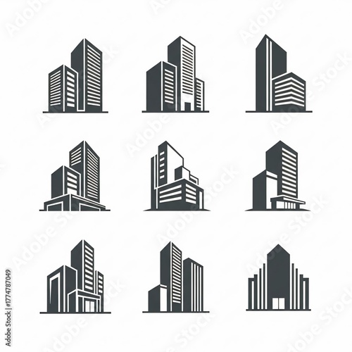 Set of minimalist building icons simple flat vector design elements perfect for real estate and construction company branding isolated o