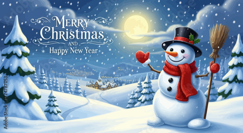 A cheerful snowman in a top hat and red scarf stands in a snowy winter landscape under a full moon, with "Merry Christmas and Happy New Year" text.