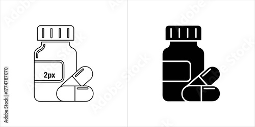 Pill bottle and capsule icon, medicine, health, and treatment