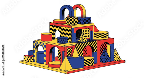 Playful geometric building blocks create a vibrant and whimsical abstract structure with colorful shapes and patterns, perfect for creative designs