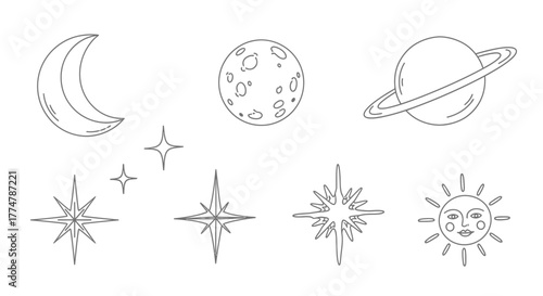 Whimsical celestial collection featuring moon, stars, planets, and sun, perfect for dreamy designs and mystical themes, originally a scalable vector graphic