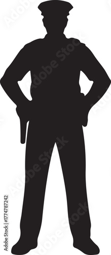 Black silhouette of a police officer standing with hands on hips black and white law enforcement