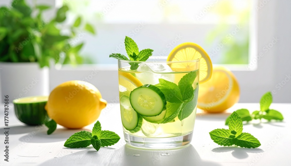 Fototapeta premium Refreshing lemon Iced Drink Summer Beverage Recipe, Generated with AI.