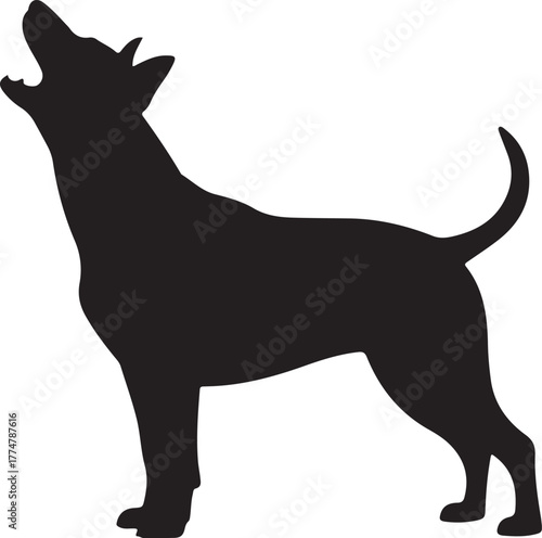 Black silhouette of a dog howling with mouth open and tail raised barking