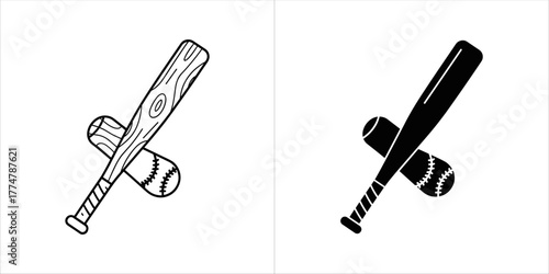 Baseball bat and ball, crossed and depicted in outline and solid black styles