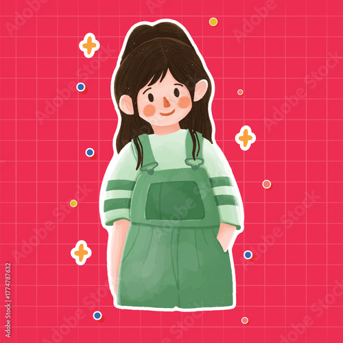 Cute Cartoon of a Girl Wearing Overalls
