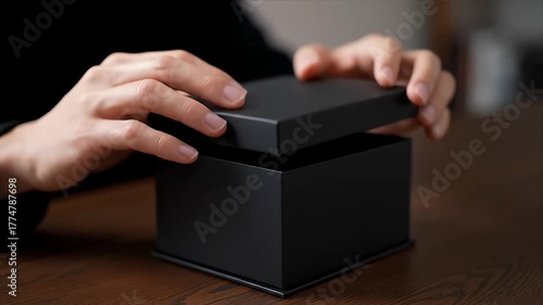 Close-up of human hands gently opening a sleek black gift box on a rich wooden table Ideal for unboxing product reveal luxury packaging and elegant presentation