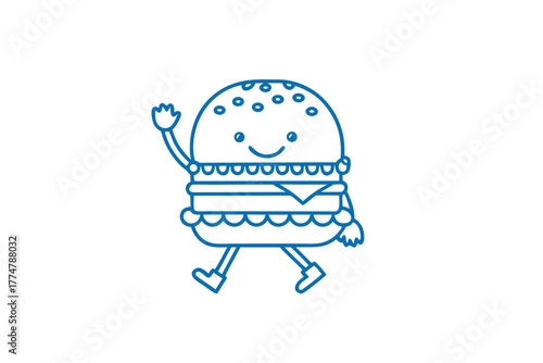 Smiling burger character walks cheerfully and waves a hand in this minimal line art