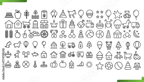 Collection of hand drawn doodle icons representing various objects and concepts in a simple line art style