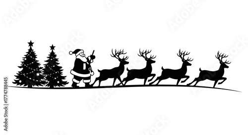 Santa Claus with his reindeers walking in a row flat graphic design isolated on white background winter holiday concept