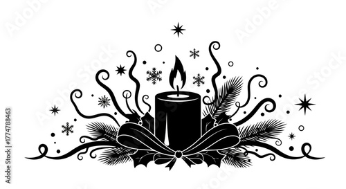 Winter decorative composition with candle snowflakes stars fir branches holly leaves ribbon bow in black and white graphic style
