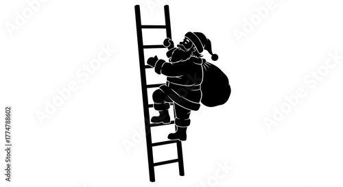 Santa Climbing Ladder with Sack of Gifts Holiday Delivery Silhouette