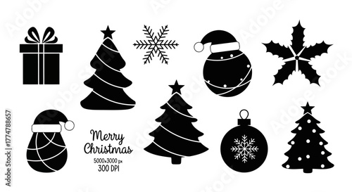 Holiday objects collection gift box fir tree snowflake ornament holly berries merry greeting icon vector illustration