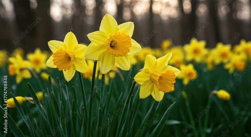 Obraz premium Bright yellow daffodils stand tall in a sunny meadow, signaling the arrival of spring. Vibrant blooms offer a cheerful splash of color and natural beauty, growth, abundance, sunshine