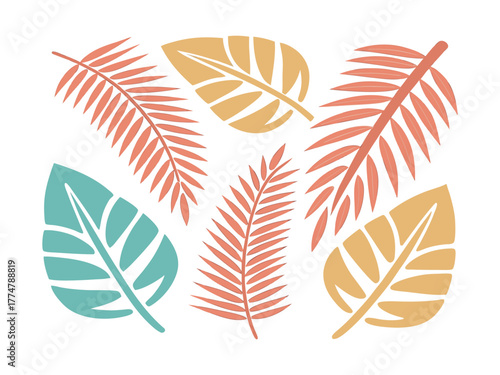 Collection of illustrated tropical leaves in various colors on a plain white background for creative designs and summer themed projects