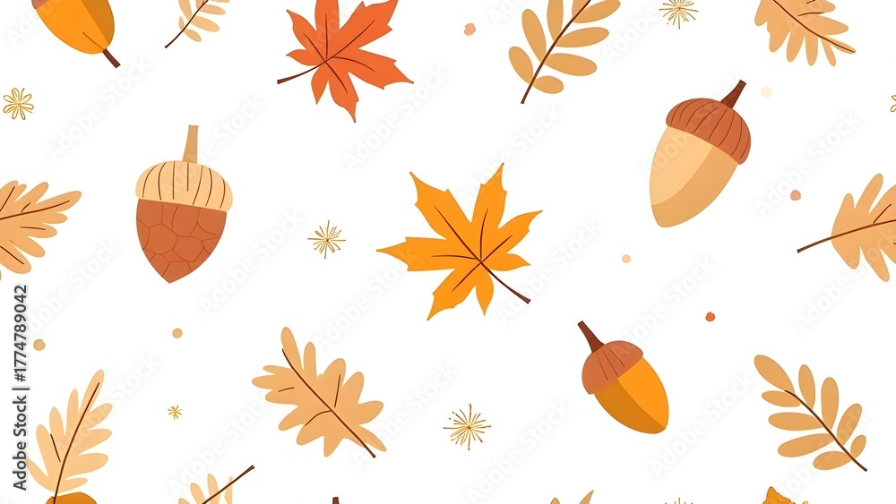 seamless pattern of autumn elements, including leaves, acorns, mushrooms, berries, and pumpkins, modern flat vector style, 
