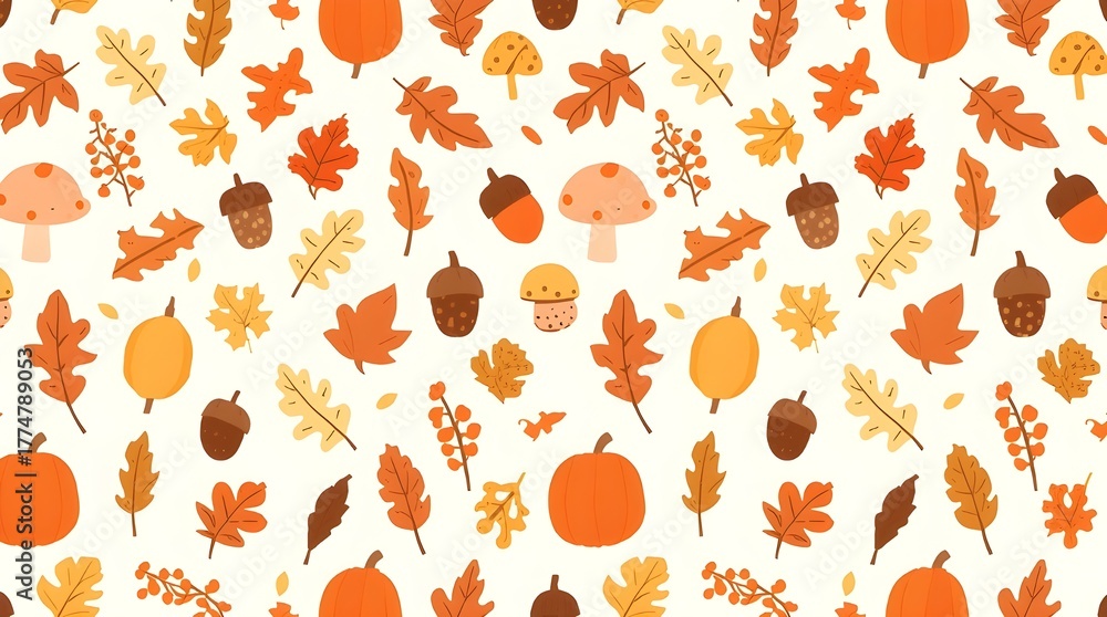 seamless pattern of autumn elements, including leaves, acorns, mushrooms, berries, and pumpkins, modern flat vector style, 