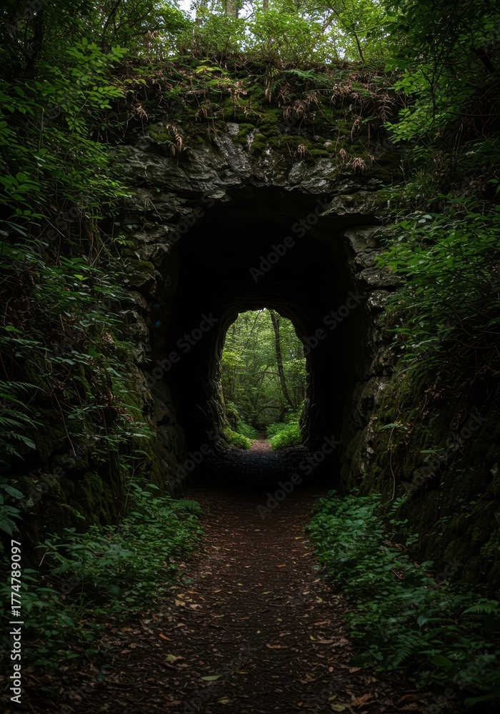 Fototapeta premium Deep, dark natural tunnel entrance formed by ancient rock and shaded vegetation in a secluded forest environment ,adventure ,formation ,surface
