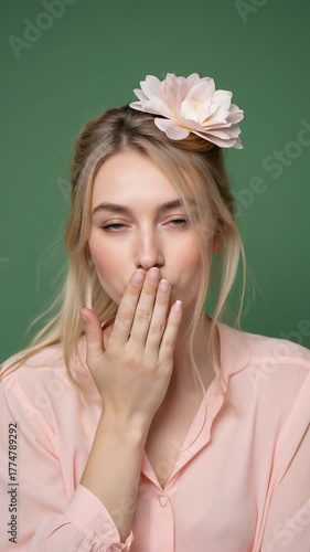 Elegant European girl with light hair blowing a kiss toward the camera, wearing a pastel pink blouse, solid green background, dreamy and romantic atmosphere