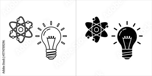 Icon representing science and idea, with atom and light bulb