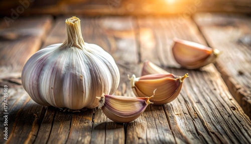 Fresh garlic bulbs and cloves arranged on a rustic wooden surface, Generated with AI.