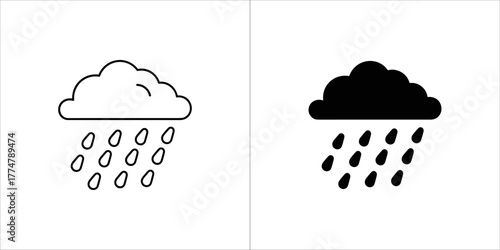 Cloud and rain icon in outline and silhouette form, symbolizing weather and precipitation