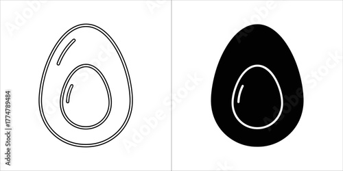 Egg icon in outline and silhouette, representing food, breakfast, and protein