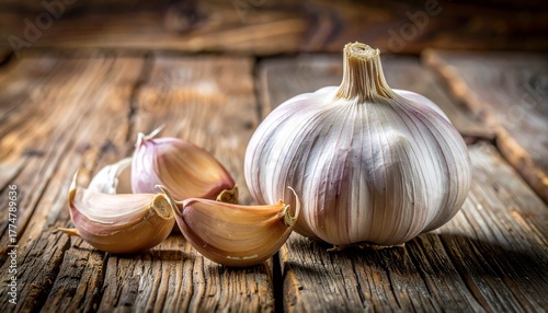 Fresh garlic bulbs and cloves arranged on a rustic wooden surface, Generated with AI.