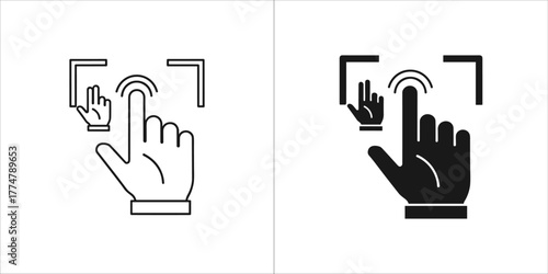 Finger touching screen with focus square, line art and solid icon
