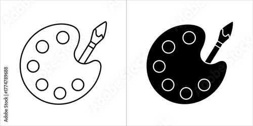 Artist paint palette with brush icon in outline and solid black style