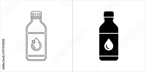 Water bottle with recycling symbol in outline and solid black