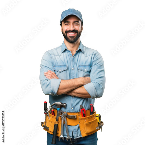 Smiling bearded handyman wearing blue denim shirt and cap with tool belt arms crossed isolated on transparent background