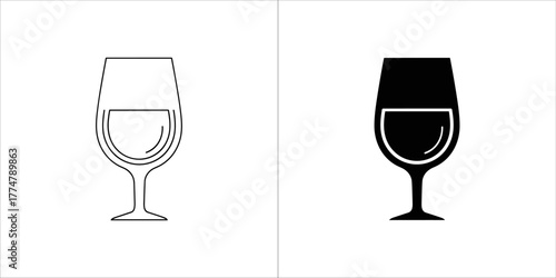 Two icons of a wine glass, one outlined and one solid black