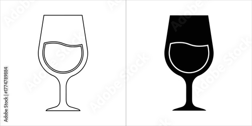 Wine glass with liquid, one outlined and one solid black