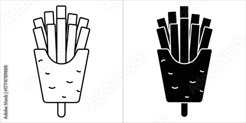 French fries icon in outline and solid black on