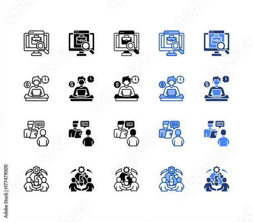 Job search, Freelance, Interview, Outsourcing multiple style icon set.