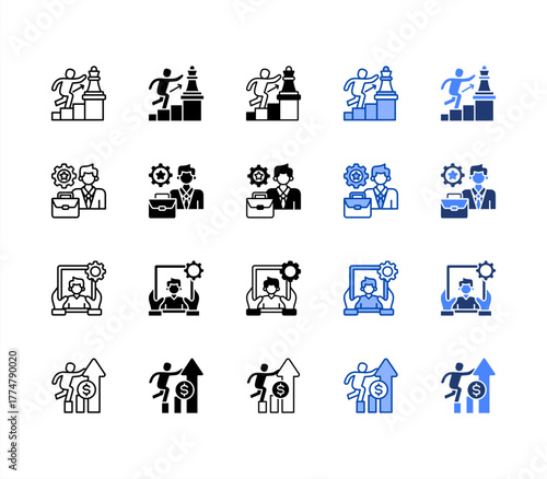 Career path, Work experience, Apprenticeship, Growth multiple style icon set.