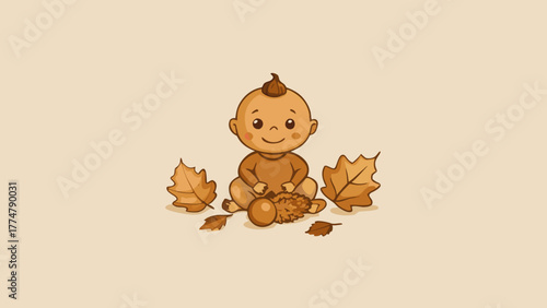 Happy baby sitting among autumn leaves with acorn toy