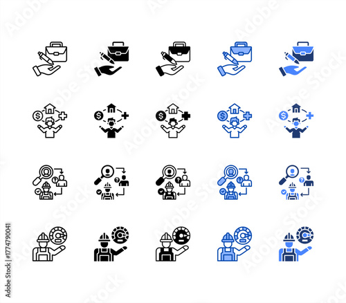 Job creation, Employee benefits, Hiring process, Performance multiple style icon set.