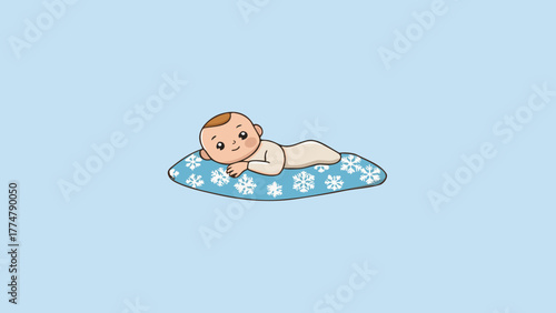A cute baby lying on a snowflake patterned blanket