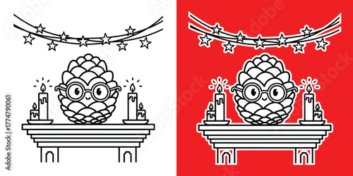 A whimsical pine cone character with glasses sitting on a mantelpiece with candles and a star garland, isolated on white background