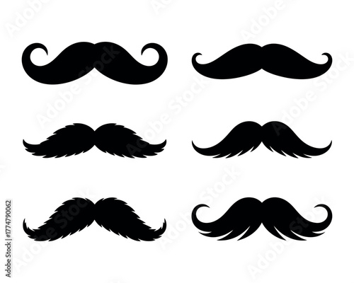 Set of six unique black mustache vector illustrations — vintage-style facial hair collection for character design, barbershop branding, men’s fashion, retro graphics, and creative design projects.