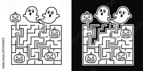 Halloween maze game for kids with cute ghosts and pumpkins, find the way to the treasure, isolated on white background