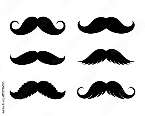 A collection of six distinct black mustache illustrations, showcasing various vintage and modern styles for facial hair fashion, perfect for design elements or thematic representations