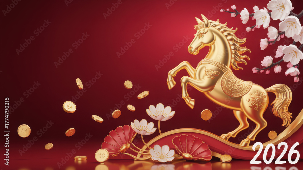Naklejka premium Golden horse with blossoms and coins: symbol of prosperity for 2026